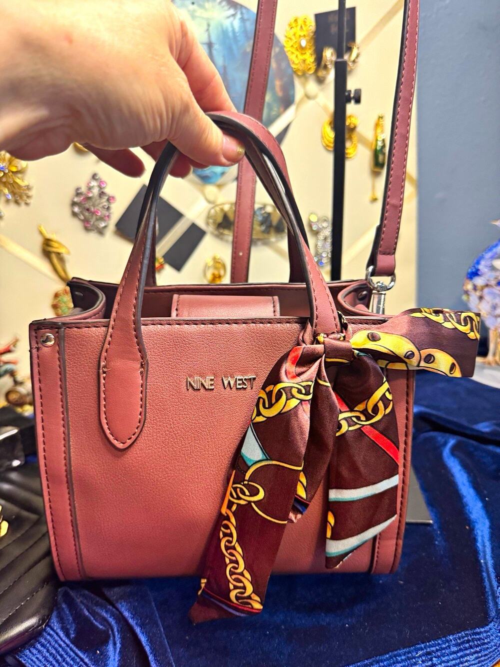 Nine West Burgundy Satchel Top Handle Bag Silver Hardware Detachable Strap Scarf